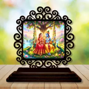 Car Desk/Table Top Radha Krishna Wooden Photo Stand 3x4 Inches, Compact & Stylish Spiritual Display For Car, Home & Office (Pack Of 1) (F19813) Car Desk/Table Top Radha Krishna Wooden Photo Stand 3x4 Inches, Compact & Stylish Spiritual Display For Car, Home & Office (Pack Of 1) (F19813)