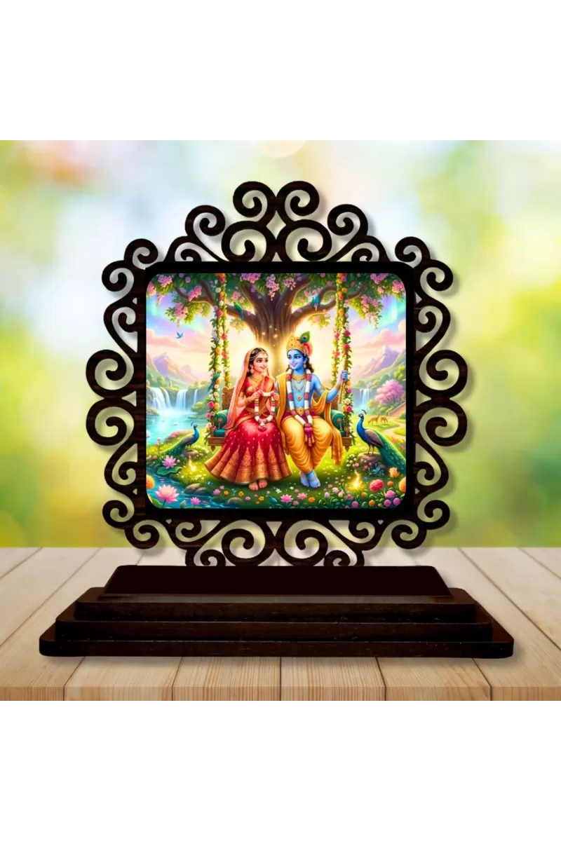 Car Desk/Table Top Radha Krishna Wooden Photo Stand  3x4 Inches, Compact & Stylish Spiritual Display For Car, Home & Office (Pack Of 1) (F19813)