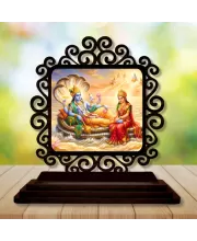 Car Desk/Table Top Lord Vishnu And Lakshmi Wooden Photo Stand  3x4 Inches, Compact & Stylish Spiritual Display For Car, Home & Office (Pack Of 1) (F19814)