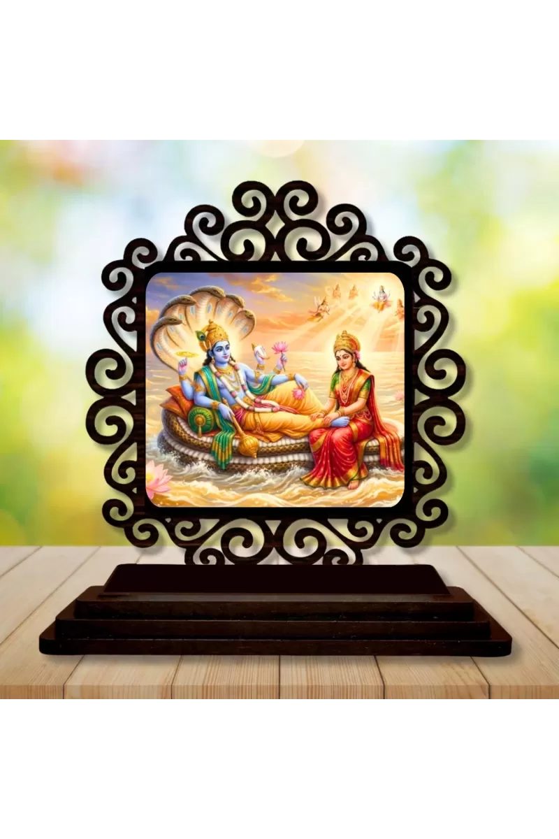 Car Desk/Table Top Lord Vishnu And Lakshmi Wooden Photo Stand  3x4 Inches, Compact & Stylish Spiritual Display For Car, Home & Office (Pack Of 1) (F19814)