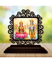 Car Desk/Table Top Lord Vishnu And Lakshmi Wooden Photo Stand  3x4 Inches, Compact & Stylish Spiritual Display For Car, Home & Office (Pack Of 1) (F19815)