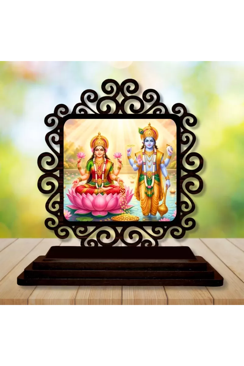 Car Desk/Table Top Lord Vishnu And Lakshmi Wooden Photo Stand  3x4 Inches, Compact & Stylish Spiritual Display For Car, Home & Office (Pack Of 1) (F19815)