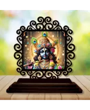 Car Desk/Table Top Lord Krishna Wooden Photo Stand  3x4 Inches, Compact & Stylish Spiritual Display For Car, Home & Office (Pack Of 1) (F19816)