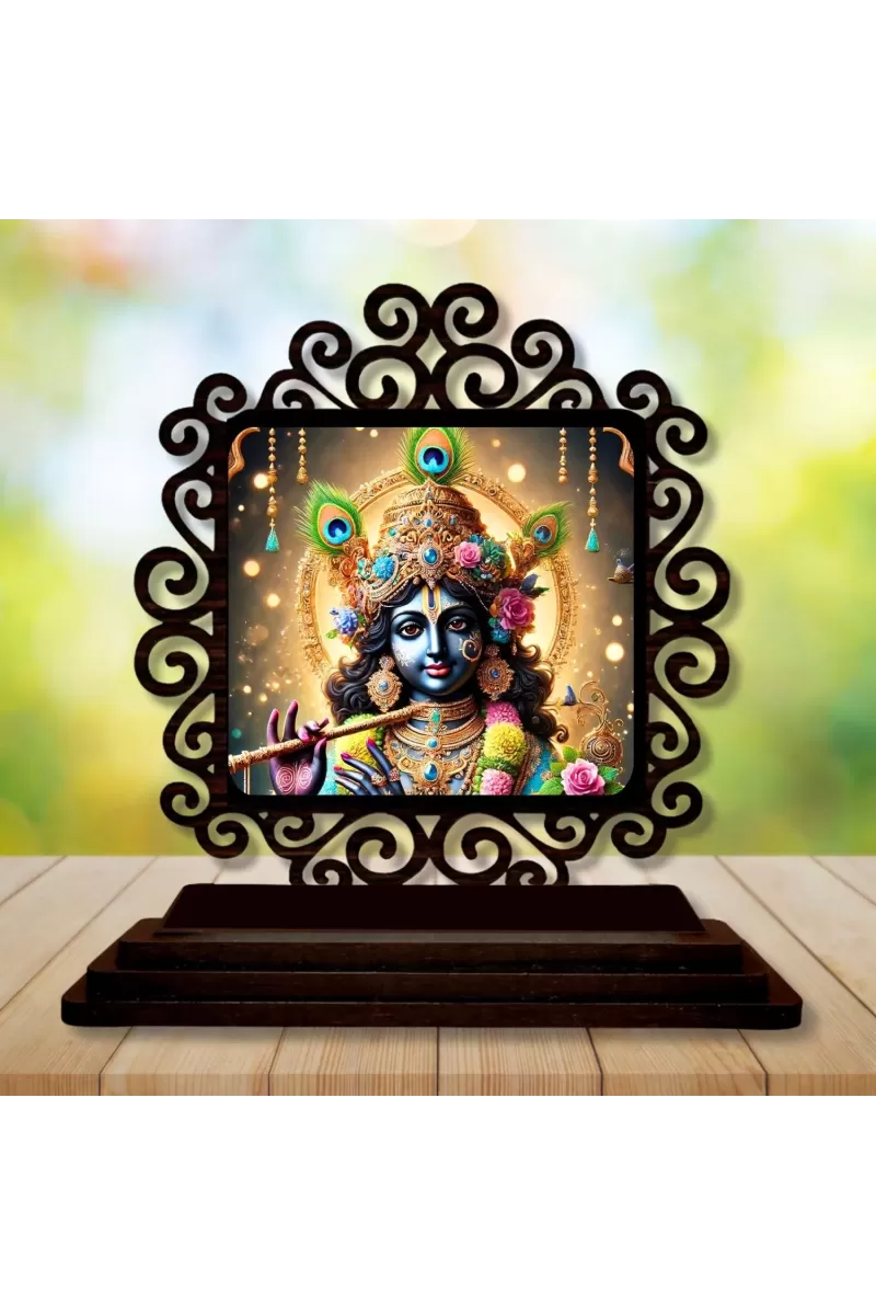 Car Desk/Table Top Lord Krishna Wooden Photo Stand  3x4 Inches, Compact & Stylish Spiritual Display For Car, Home & Office (Pack Of 1) (F19816)