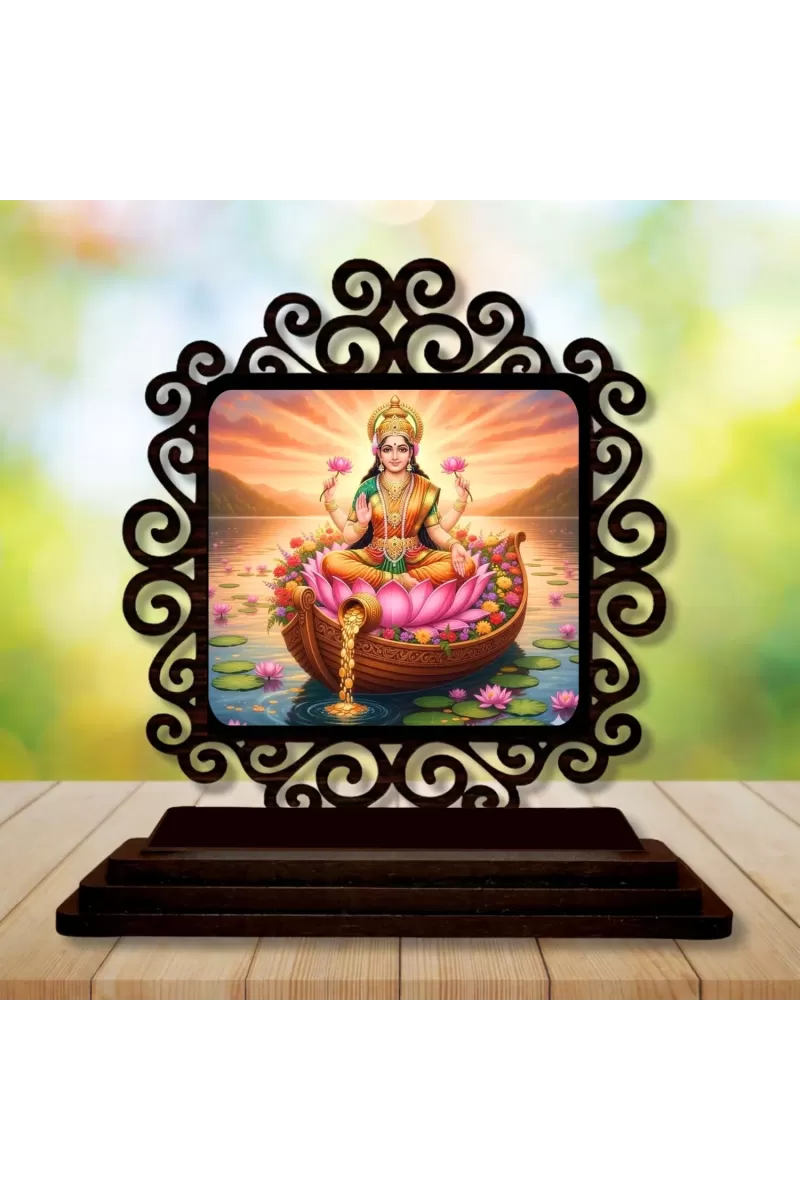 Car Desk/Table Top Goddess Lakshmi Wooden Photo Stand  3x4 Inches, Compact & Stylish Spiritual Display For Car, Home & Office (Pack Of 1) (F19817)