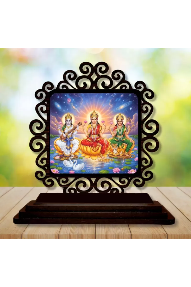 Car Desk/Table Top Lakshmi Saraswathi Parvathi Wooden Photo Stand  3x4 Inches, Compact & Stylish Spiritual Display For Car, Home & Office (Pack Of 1) (F19818)