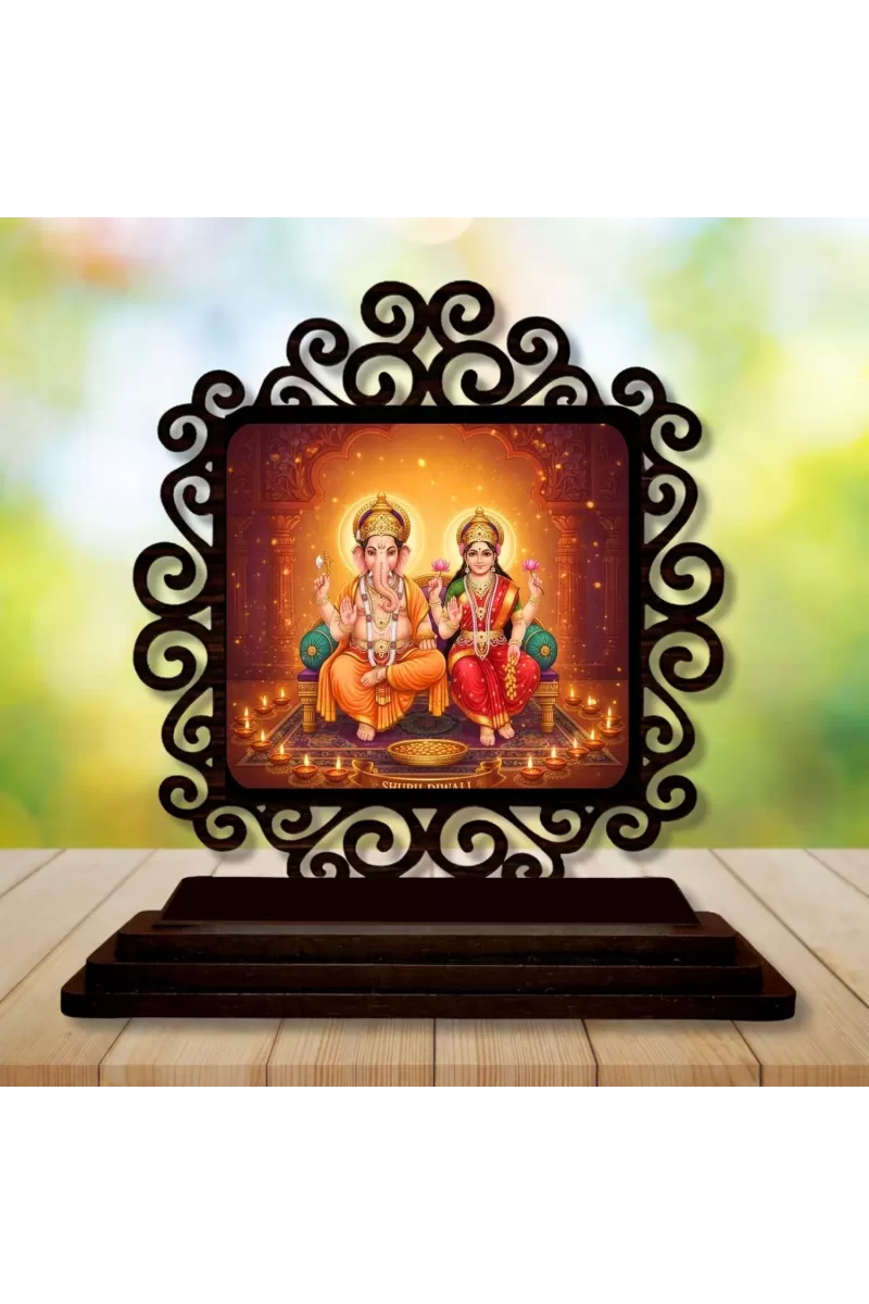 Car Desk/Table Top Lord Ganesha And Lakshmi Wooden Photo Stand  3x4 Inches, Compact & Stylish Spiritual Display For Car, Home & Office (Pack Of 1) (F19819)