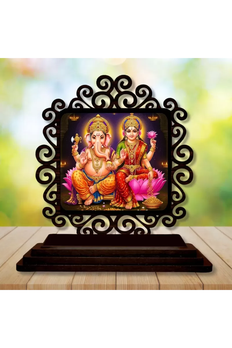 Car Desk/Table Top Lord Ganesha And Lakshmi Wooden Photo Stand  3x4 Inches, Compact & Stylish Spiritual Display For Car, Home & Office (Pack Of 1) (F19820)