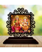 Car Desk/Table Top Lord Ganesha And Lakshmi Wooden Photo Stand  3x4 Inches, Compact & Stylish Spiritual Display For Car, Home & Office (Pack Of 1) (F19821)