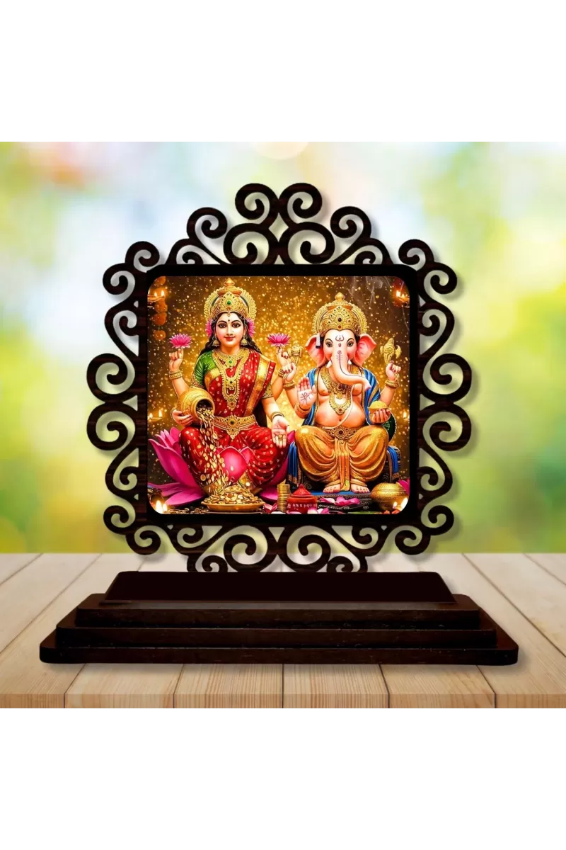 Car Desk/Table Top Lord Ganesha And Lakshmi Wooden Photo Stand  3x4 Inches, Compact & Stylish Spiritual Display For Car, Home & Office (Pack Of 1) (F19821)