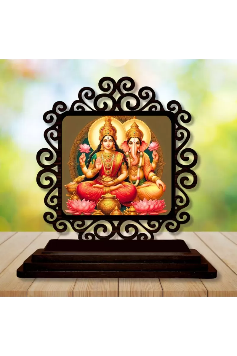 Car Desk/Table Top Lord Ganesha And Lakshmi Wooden Photo Stand  3x4 Inches, Compact & Stylish Spiritual Display For Car, Home & Office (Pack Of 1) (F19822)