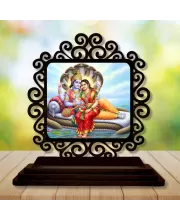 Car Desk/Table Top Lord Vishnu And Lakshmi Wooden Photo Stand  3x4 Inches, Compact & Stylish Spiritual Display For Car, Home & Office (Pack Of 1) (F19823)