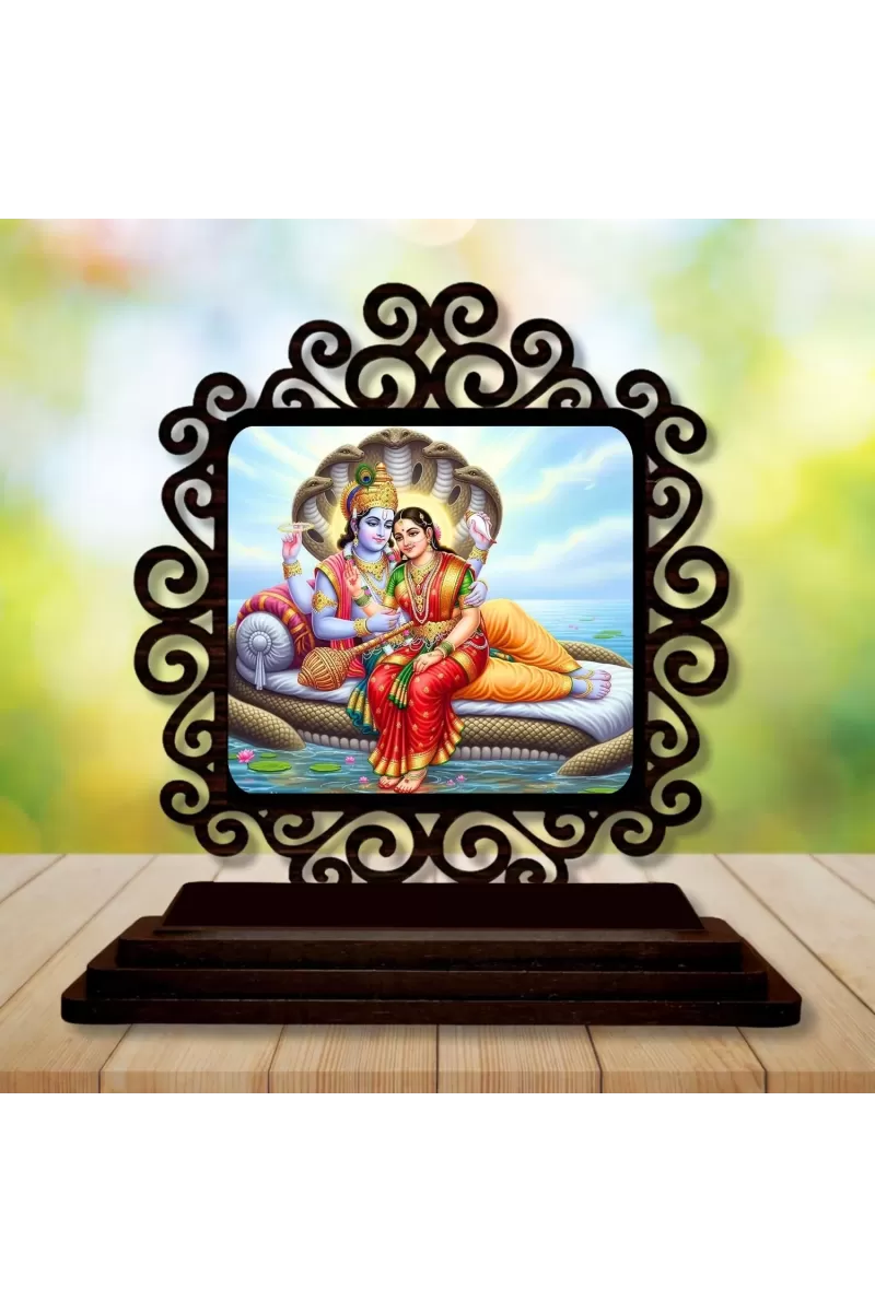 Car Desk/Table Top Lord Vishnu And Lakshmi Wooden Photo Stand  3x4 Inches, Compact & Stylish Spiritual Display For Car, Home & Office (Pack Of 1) (F19823)