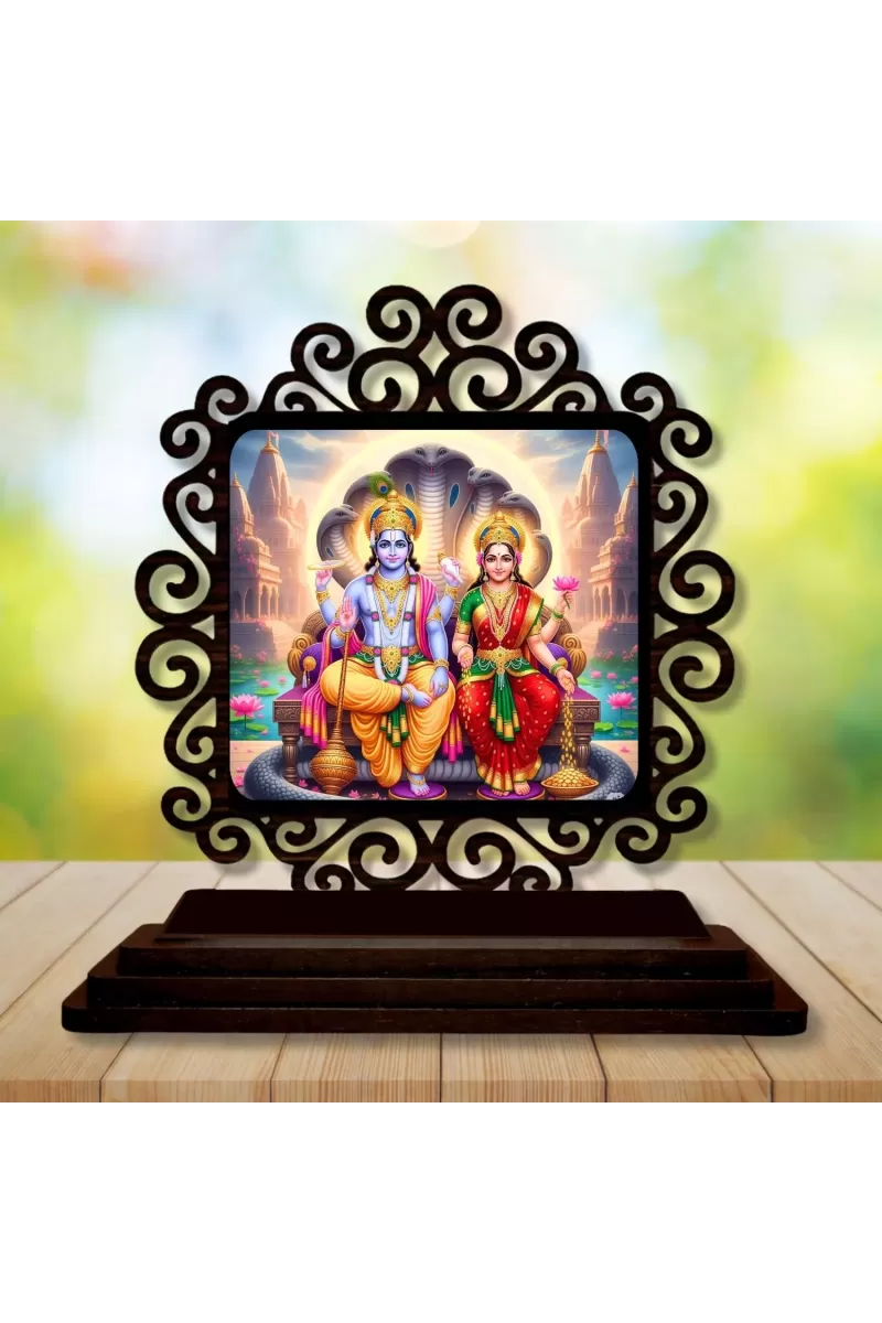 Car Desk/Table Top Lord Vishnu And Lakshmi Wooden Photo Stand  3x4 Inches, Compact & Stylish Spiritual Display For Car, Home & Office (Pack Of 1) (F19824)