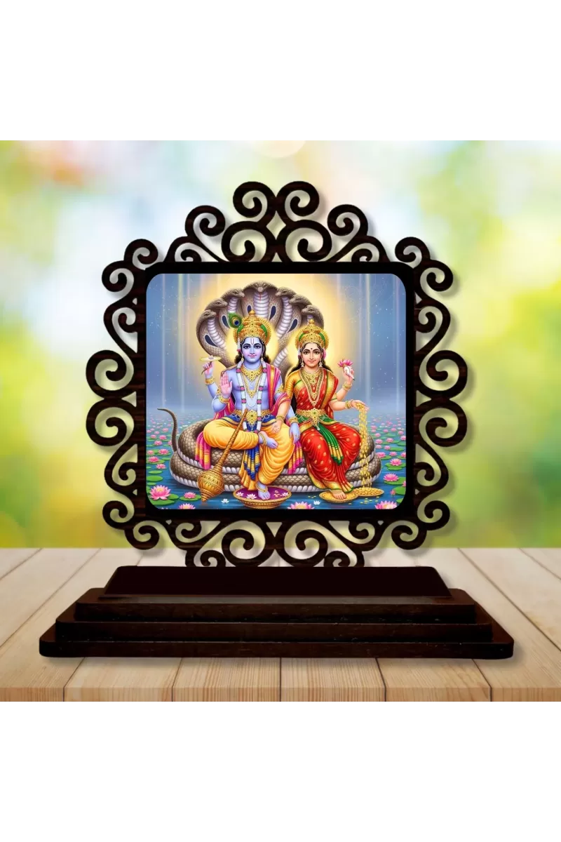 Car Desk/Table Top Lord Vishnu And Lakshmi Wooden Photo Stand  3x4 Inches, Compact & Stylish Spiritual Display For Car, Home & Office (Pack Of 1) (F19825)