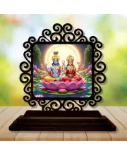 Car Desk/Table Top Lord Vishnu And Lakshmi Wooden Photo Stand  3x4 Inches, Compact & Stylish Spiritual Display For Car, Home & Office (Pack Of 1) (F19826)