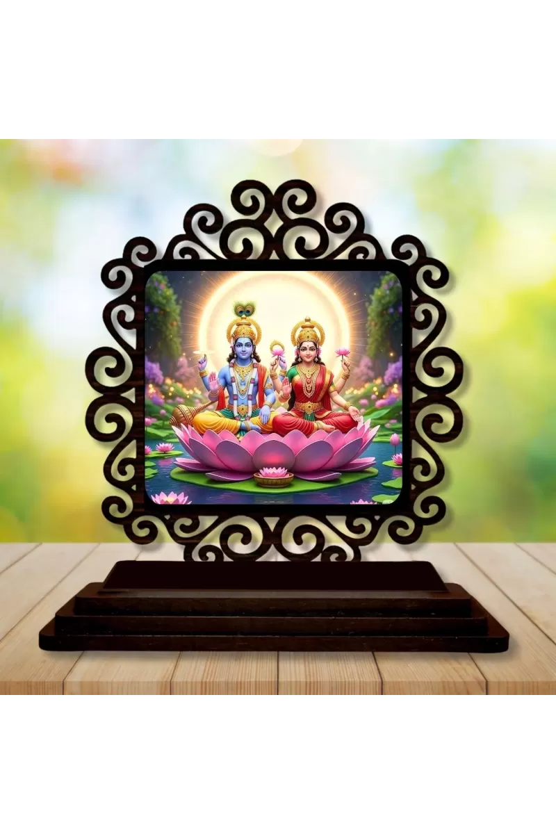 Car Desk/Table Top Lord Vishnu And Lakshmi Wooden Photo Stand  3x4 Inches, Compact & Stylish Spiritual Display For Car, Home & Office (Pack Of 1) (F19826)
