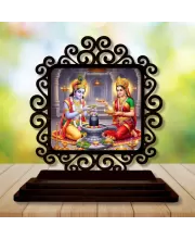 Car Desk/Table Top Radha Krishna Wooden Photo Stand  3x4 Inches, Compact & Stylish Spiritual Display For Car, Home & Office (Pack Of 1) (F19827)