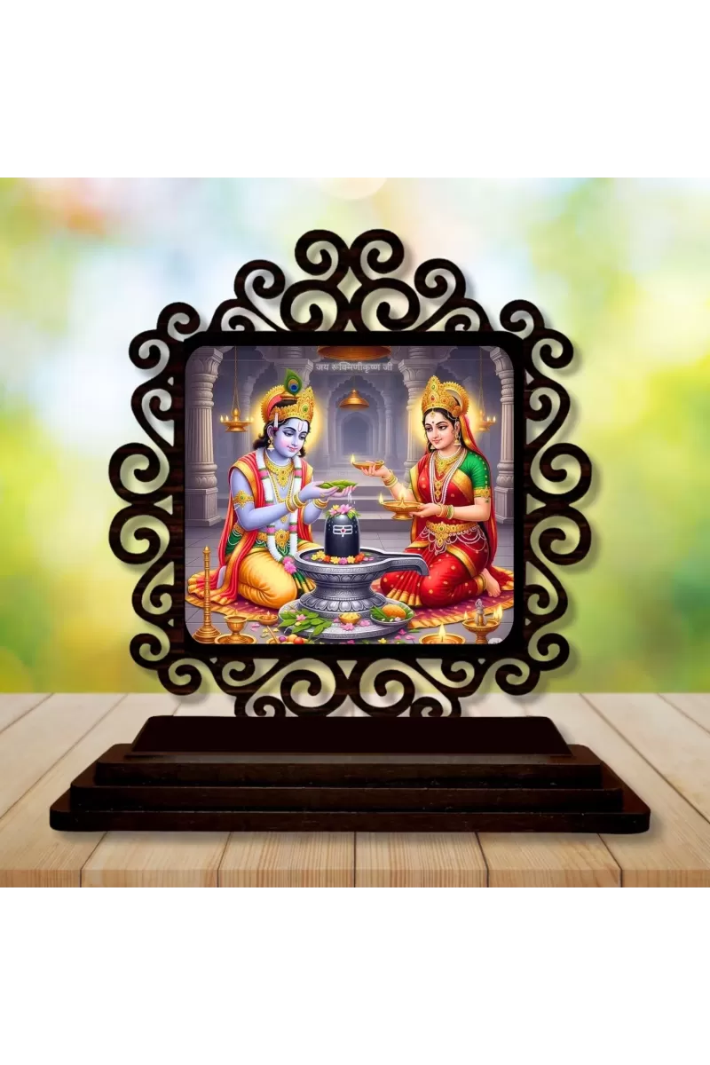 Car Desk/Table Top Radha Krishna Wooden Photo Stand  3x4 Inches, Compact & Stylish Spiritual Display For Car, Home & Office (Pack Of 1) (F19827)