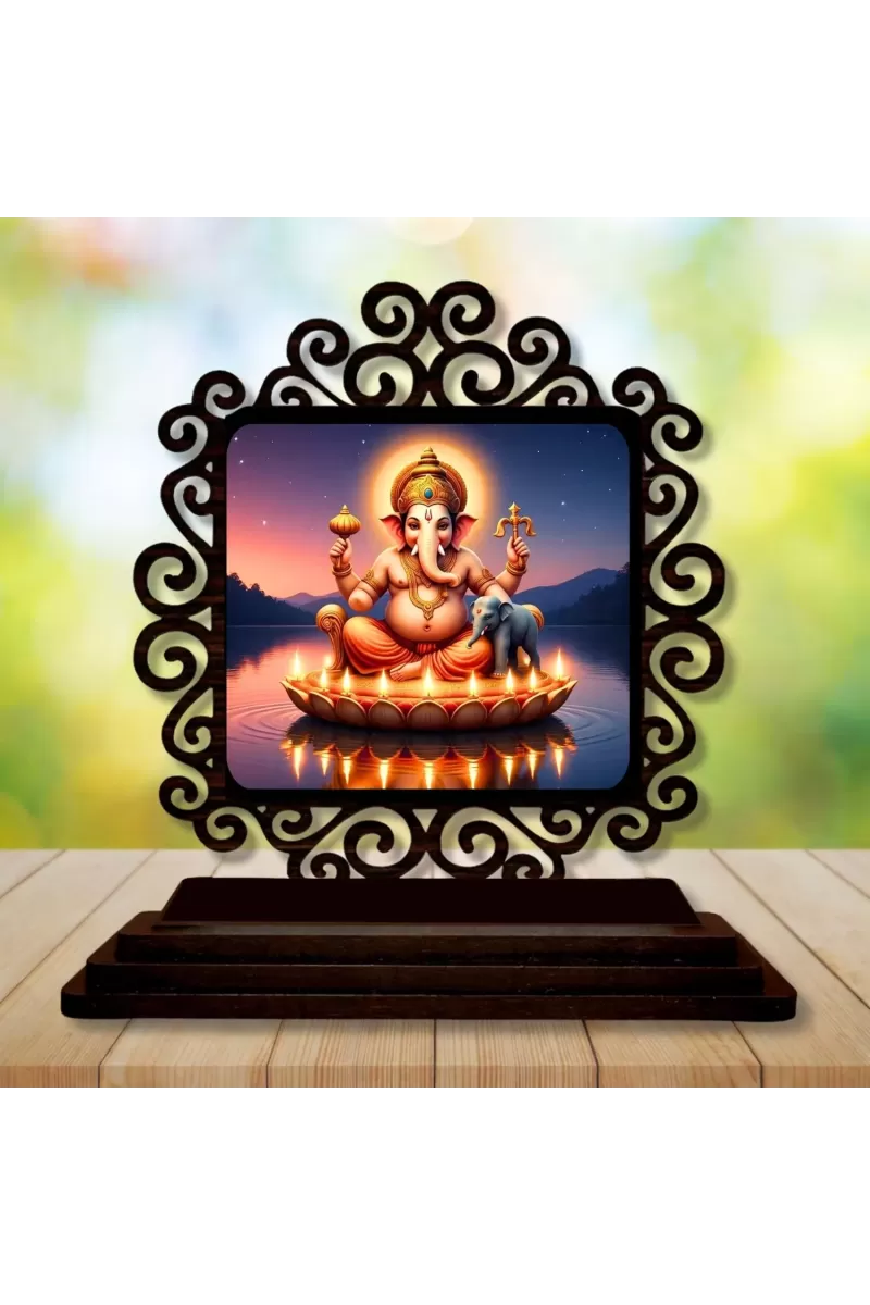 Car Desk/Table Top Lord Ganesha Wooden Photo Stand  3x4 Inches, Compact & Stylish Spiritual Display For Car, Home & Office (Pack Of 1) (F19829)