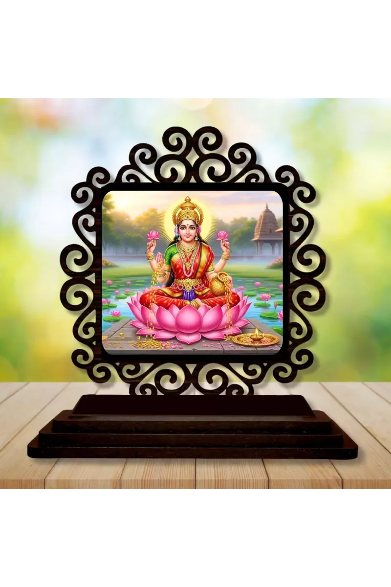 Car Desk/Table Top Goddess Lakshmi Wooden Photo Stand  3x4 Inches, Compact & Stylish Spiritual Display For Car, Home & Office (Pack Of 1) (F19830)