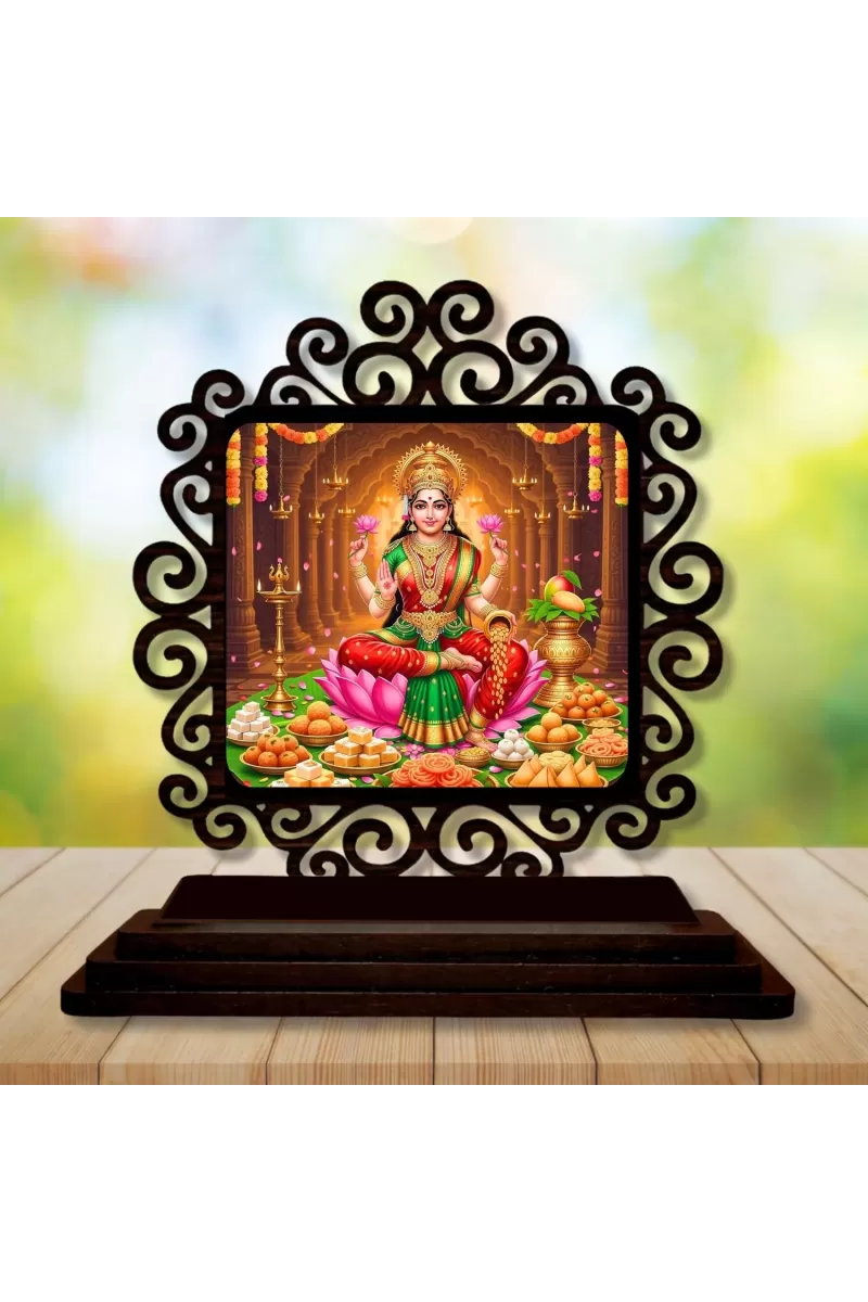 Car Desk/Table Top Goddess Lakshmi Wooden Photo Stand  3x4 Inches, Compact & Stylish Spiritual Display For Car, Home & Office (Pack Of 1) (F19831)