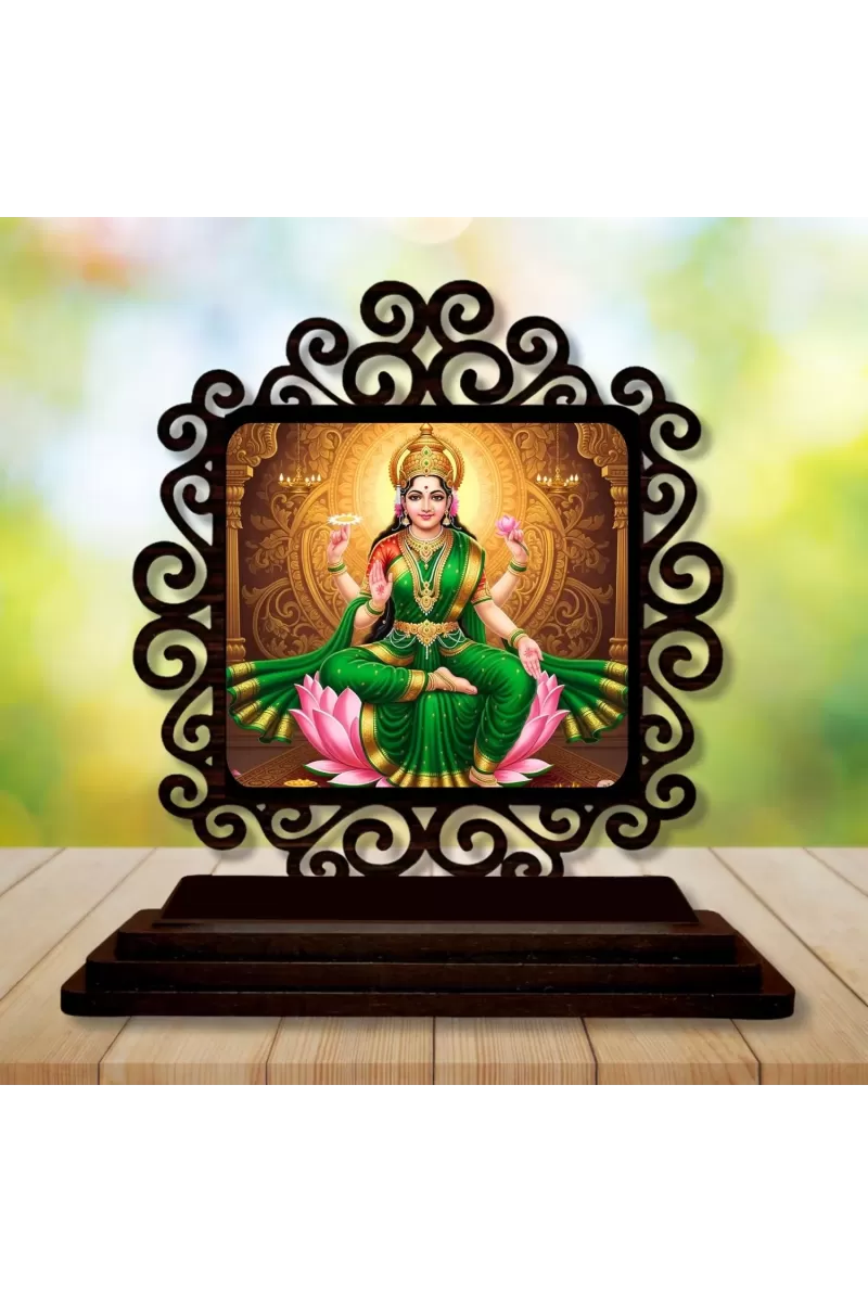 Car Desk/Table Top Goddess Lakshmi Wooden Photo Stand  3x4 Inches, Compact & Stylish Spiritual Display For Car, Home & Office (Pack Of 1) (F19832)