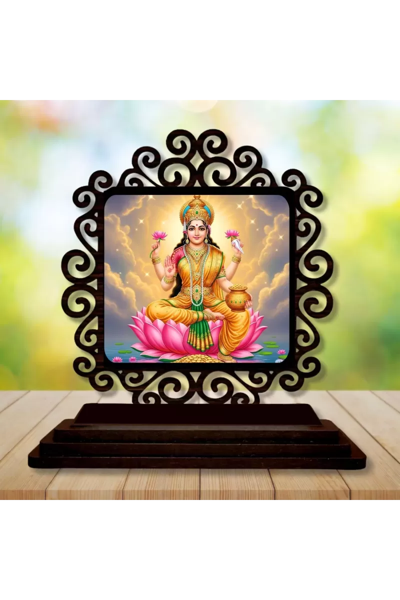 Car Desk/Table Top Goddess Lakshmi Wooden Photo Stand  3x4 Inches, Compact & Stylish Spiritual Display For Car, Home & Office (Pack Of 1) (F19833)