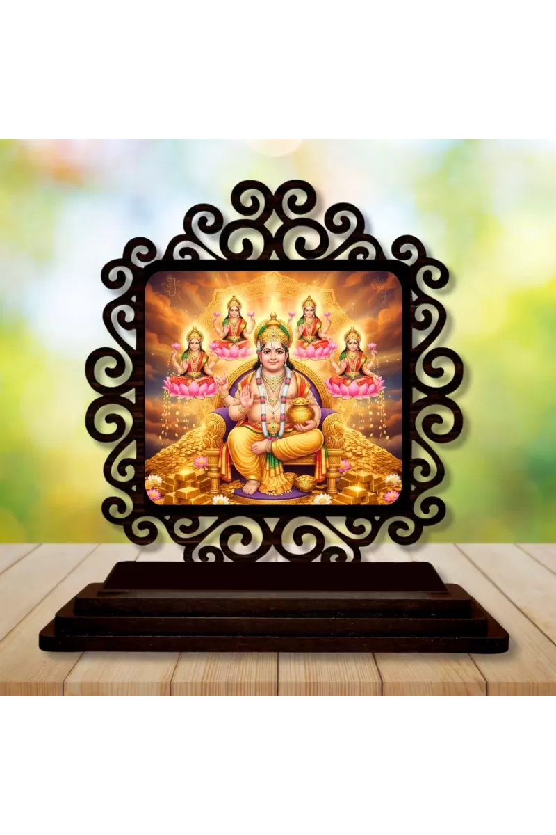 Car Desk/Table Top Lord Kubera And Lakshmi Wooden Photo Stand  3x4 Inches, Compact & Stylish Spiritual Display For Car, Home & Office (Pack Of 1) (F19837)