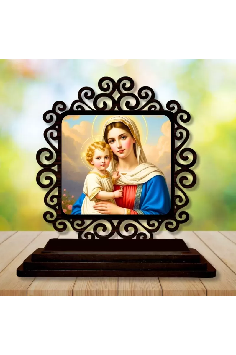 Car Desk/Table Top Lord Jesus And Merry Wooden Photo Stand  3x4 Inches, Compact & Stylish Spiritual Display For Car, Home & Office (Pack Of 1) (F19839)