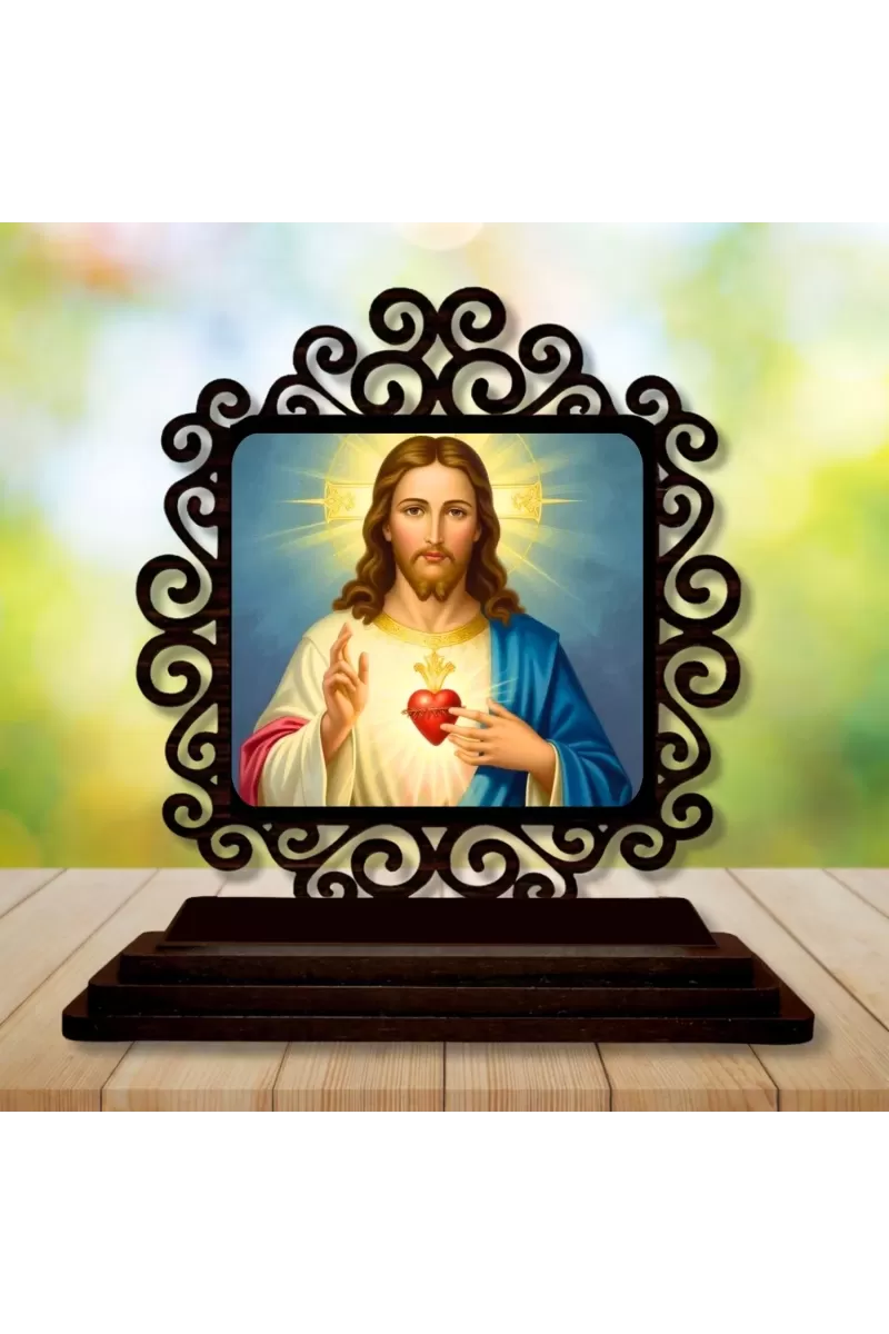 Car Desk/Table Top Lord Jesus Wooden Photo Stand  3x4 Inches, Compact & Stylish Spiritual Display For Car, Home & Office (Pack Of 1) (F19840)