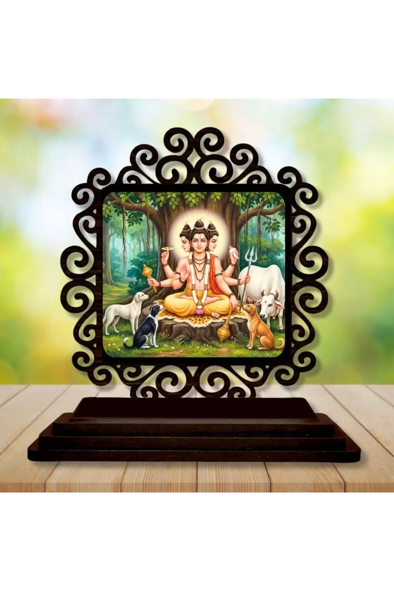 Car Desk/Table Top Lord Dattatreya Wooden Photo Stand  3x4 Inches, Compact & Stylish Spiritual Display For Car, Home & Office (Pack Of 1) (F19841)