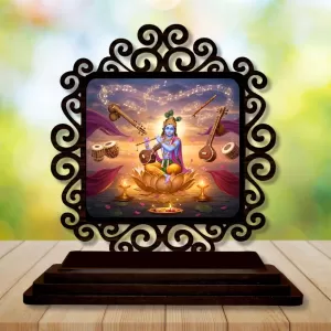Car Desk/Table Top Lord Krishna Wooden Photo Stand  3x4 Inches, Compact & Stylish Spiritual Display For Car, Home & Office (Pack Of 1) (F19843)