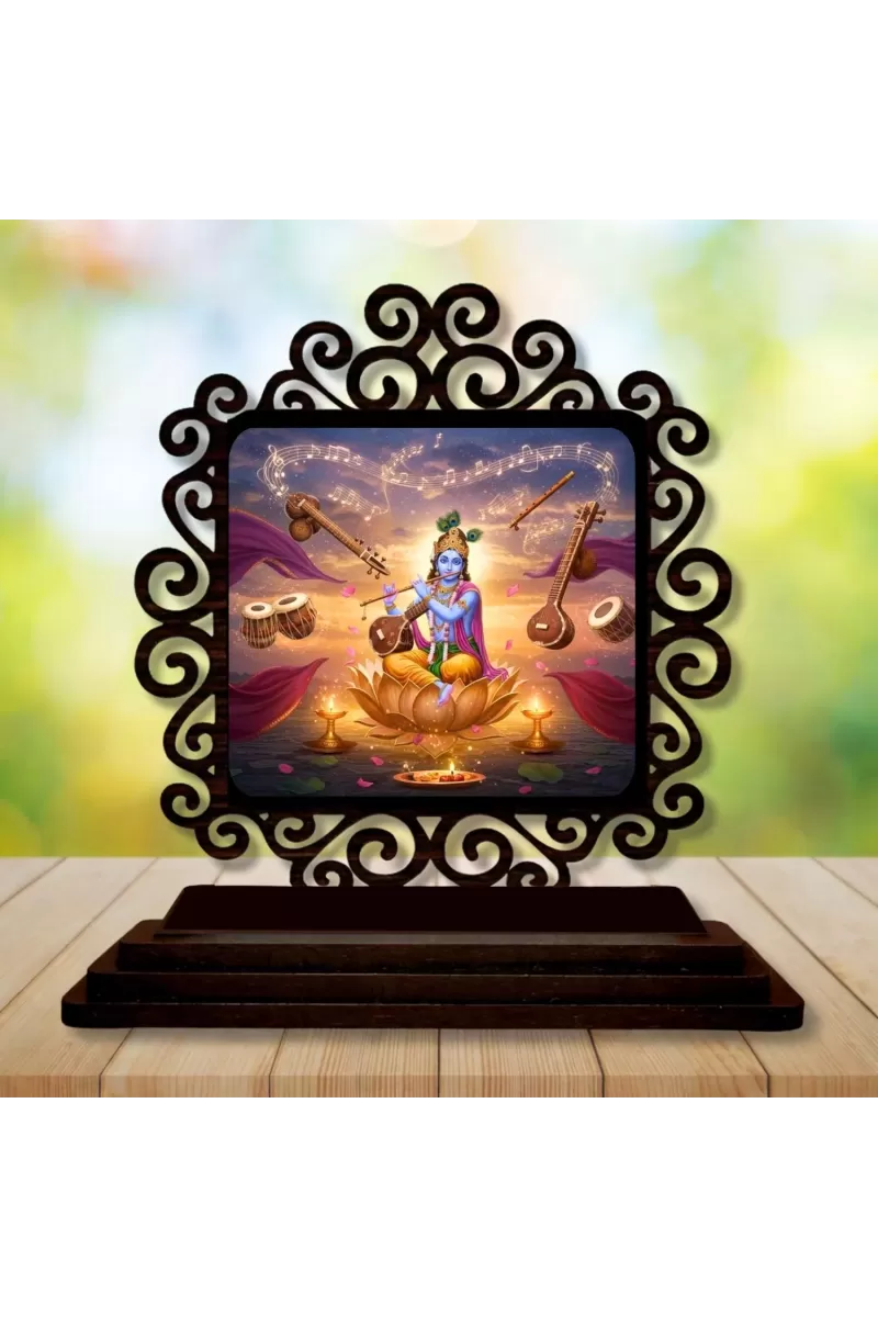 Car Desk/Table Top Lord Krishna Wooden Photo Stand  3x4 Inches, Compact & Stylish Spiritual Display For Car, Home & Office (Pack Of 1) (F19843)