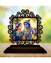 Car Desk/Table Top Radha Krishna Wooden Photo Stand  3x4 Inches, Compact & Stylish Spiritual Display For Car, Home & Office (Pack Of 1) (F19844)