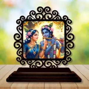 Car Desk/Table Top Radha Krishna Wooden Photo Stand  3x4 Inches, Compact & Stylish Spiritual Display For Car, Home & Office (Pack Of 1) (F19844)