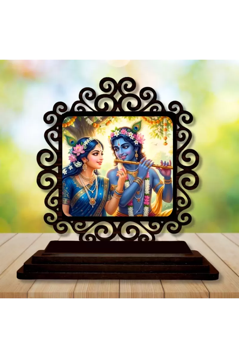 Car Desk/Table Top Radha Krishna Wooden Photo Stand  3x4 Inches, Compact & Stylish Spiritual Display For Car, Home & Office (Pack Of 1) (F19844)