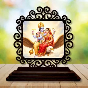 Car Desk/Table Top Radha Krishna Wooden Photo Stand  3x4 Inches, Compact & Stylish Spiritual Display For Car, Home & Office (Pack Of 1) (F19845)