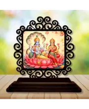 Car Desk/Table Top Lord Vishnu And Lakshmi Wooden Photo Stand  3x4 Inches, Compact & Stylish Spiritual Display For Car, Home & Office (Pack Of 1) (F19846)