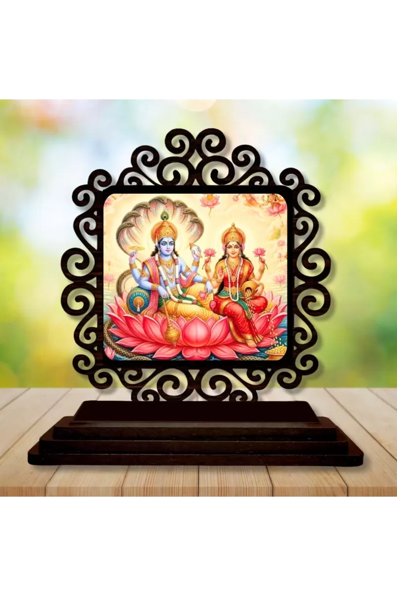 Car Desk/Table Top Lord Vishnu And Lakshmi Wooden Photo Stand  3x4 Inches, Compact & Stylish Spiritual Display For Car, Home & Office (Pack Of 1) (F19846)
