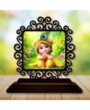 Car Desk/Table Top Lord Krishna Wooden Photo Stand  3x4 Inches, Compact & Stylish Spiritual Display For Car, Home & Office (Pack Of 1) (F19856)