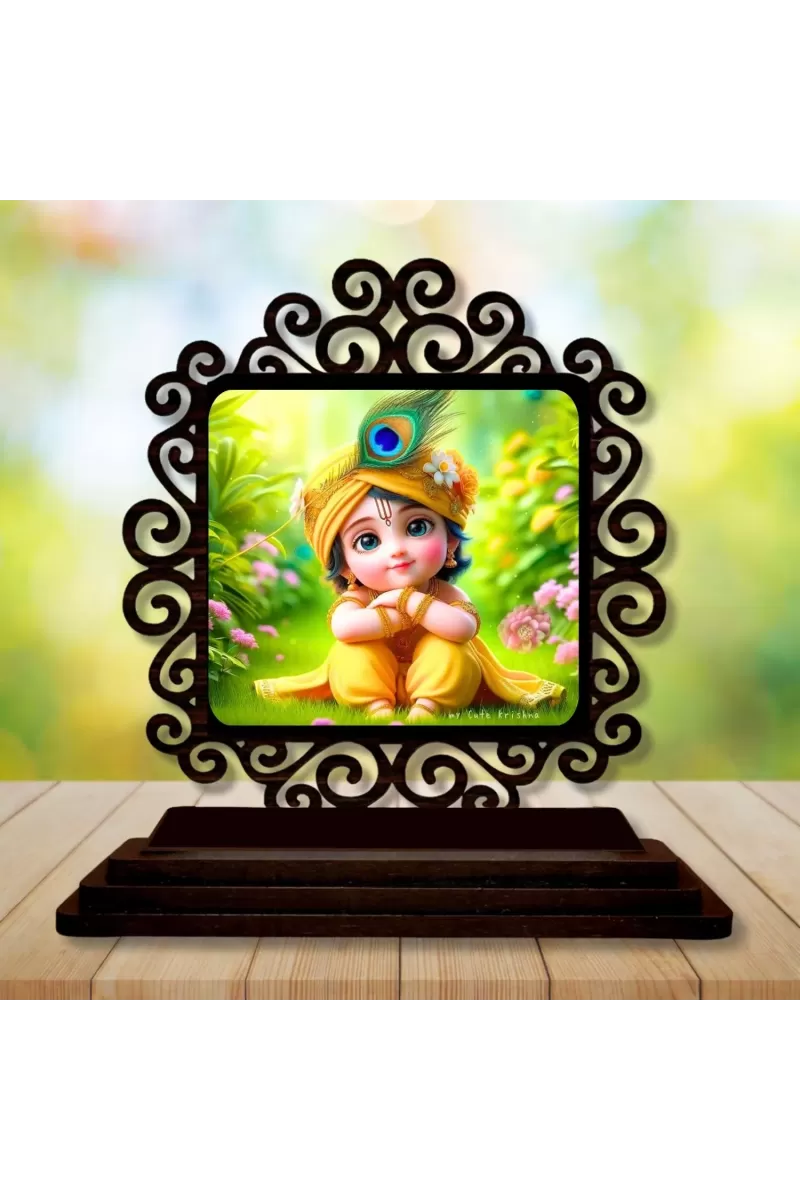 Car Desk/Table Top Lord Krishna Wooden Photo Stand  3x4 Inches, Compact & Stylish Spiritual Display For Car, Home & Office (Pack Of 1) (F19856)