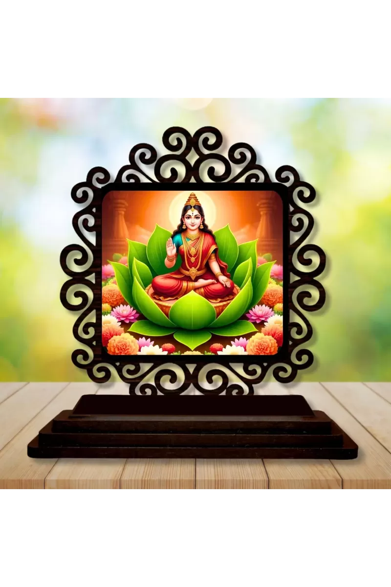 Car Desk/Table Top Goddess Lakshmi Wooden Photo Stand  3x4 Inches, Compact & Stylish Spiritual Display For Car, Home & Office (Pack Of 1) (F19857)