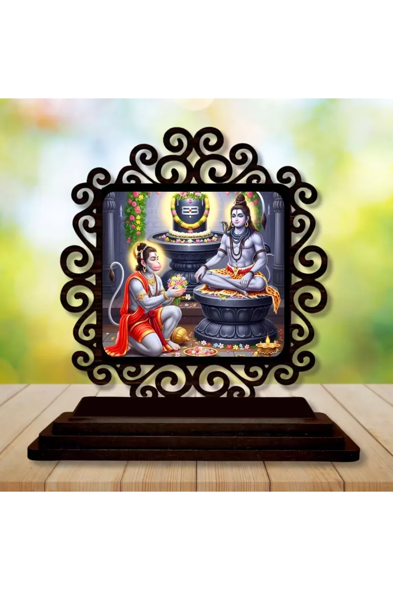Car Desk/Table Top Lord Shiva And Hanuman Wooden Photo Stand  3x4 Inches, Compact & Stylish Spiritual Display For Car, Home & Office (Pack Of 1) (F19858)