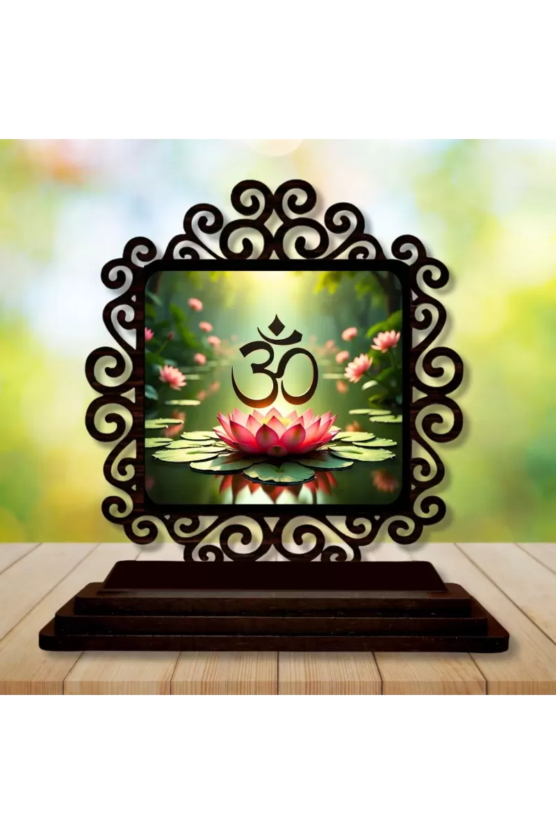 Car Desk/Table Top Om Symbol Wooden Photo Stand  3x4 Inches, Compact & Stylish Spiritual Display For Car, Home & Office (Pack Of 1) (F19861)