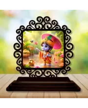 Car Desk/Table Top Lord Krishna Wooden Photo Stand  3x4 Inches, Compact & Stylish Spiritual Display For Car, Home & Office (Pack Of 1) (F19862)