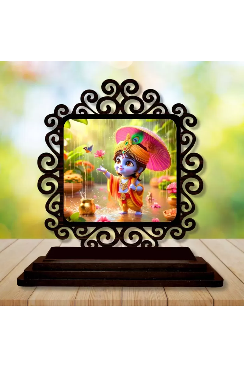 Car Desk/Table Top Lord Krishna Wooden Photo Stand  3x4 Inches, Compact & Stylish Spiritual Display For Car, Home & Office (Pack Of 1) (F19862)