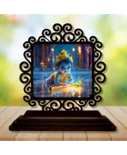 Car Desk/Table Top Little Krishna Wooden Photo Stand  3x4 Inches, Compact & Stylish Spiritual Display For Car, Home & Office (Pack Of 1) (F19863)