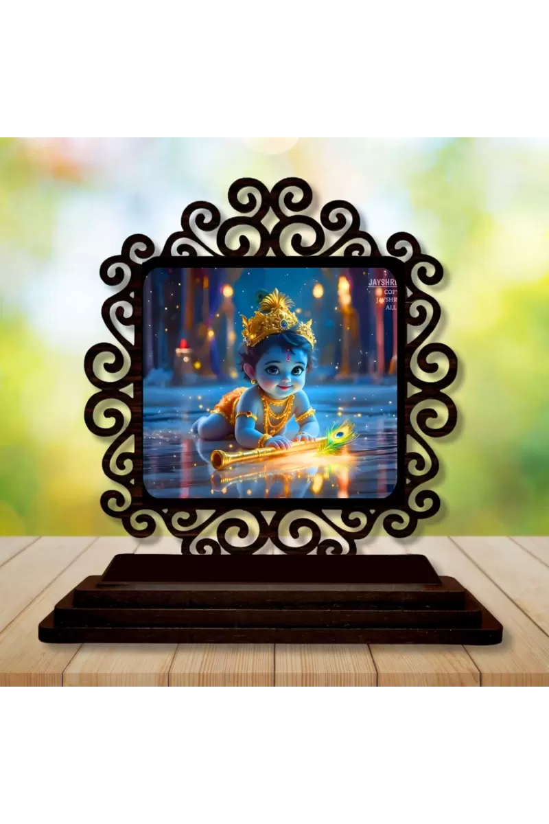 Car Desk/Table Top Little Krishna Wooden Photo Stand  3x4 Inches, Compact & Stylish Spiritual Display For Car, Home & Office (Pack Of 1) (F19863)