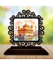 Car Desk/Table Top Golden Temple Wooden Photo Stand  3x4 Inches, Compact & Stylish Spiritual Display For Car, Home & Office (Pack Of 1) (F19864)